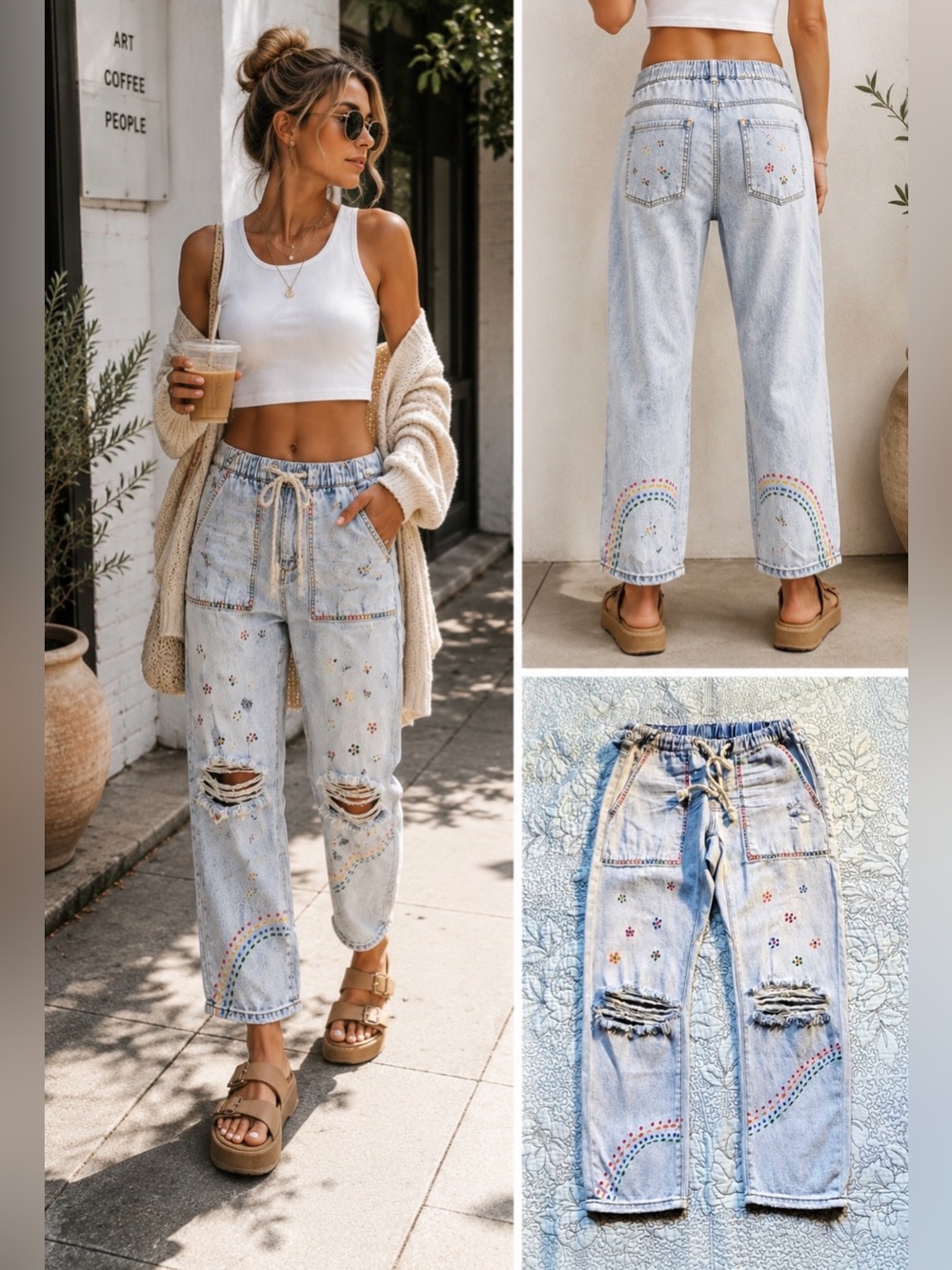 One Teaspoon Shabbies Hand-Painted Distressed Jeans Drawstring Waist Sz XS🧡